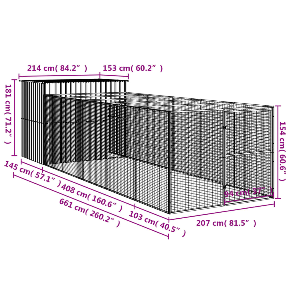 Casetta Cani con Corsa Antracite 214x661x181 cm Acciaio Zincato