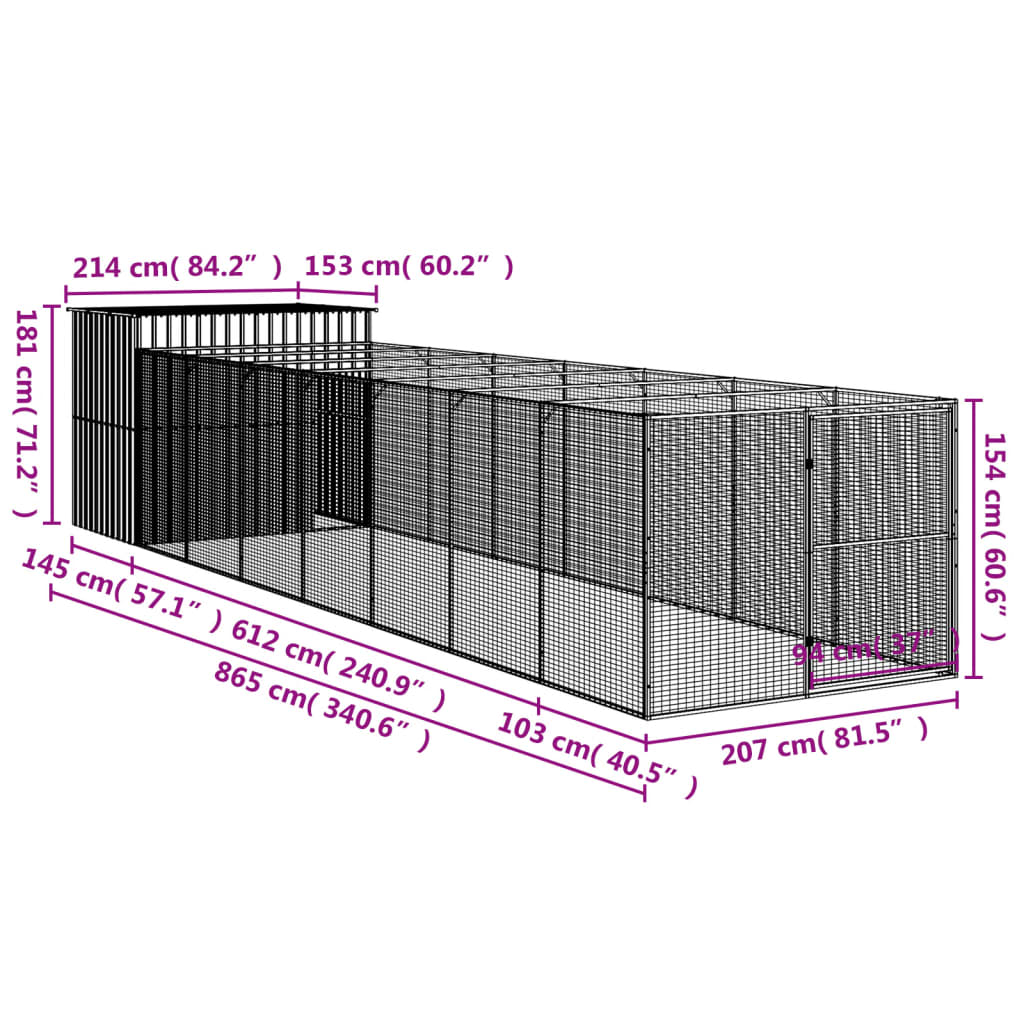 Casetta Cani con Corsa Antracite 214x865x181 cm Acciaio Zincato