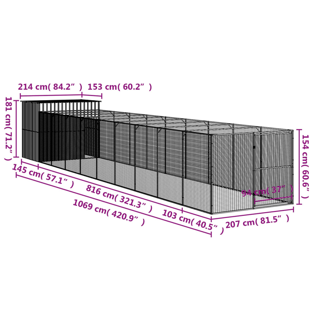 Casetta Cani con Corsa Antracite 214x1069x181cm Acciaio Zincato