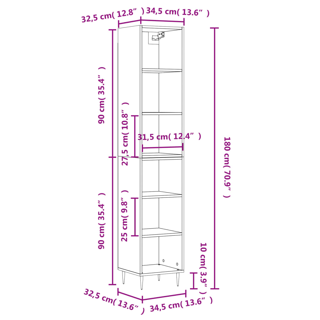 Credenza Rovere Fumo 34,5x32,5x180 cm in Legno Multistrato