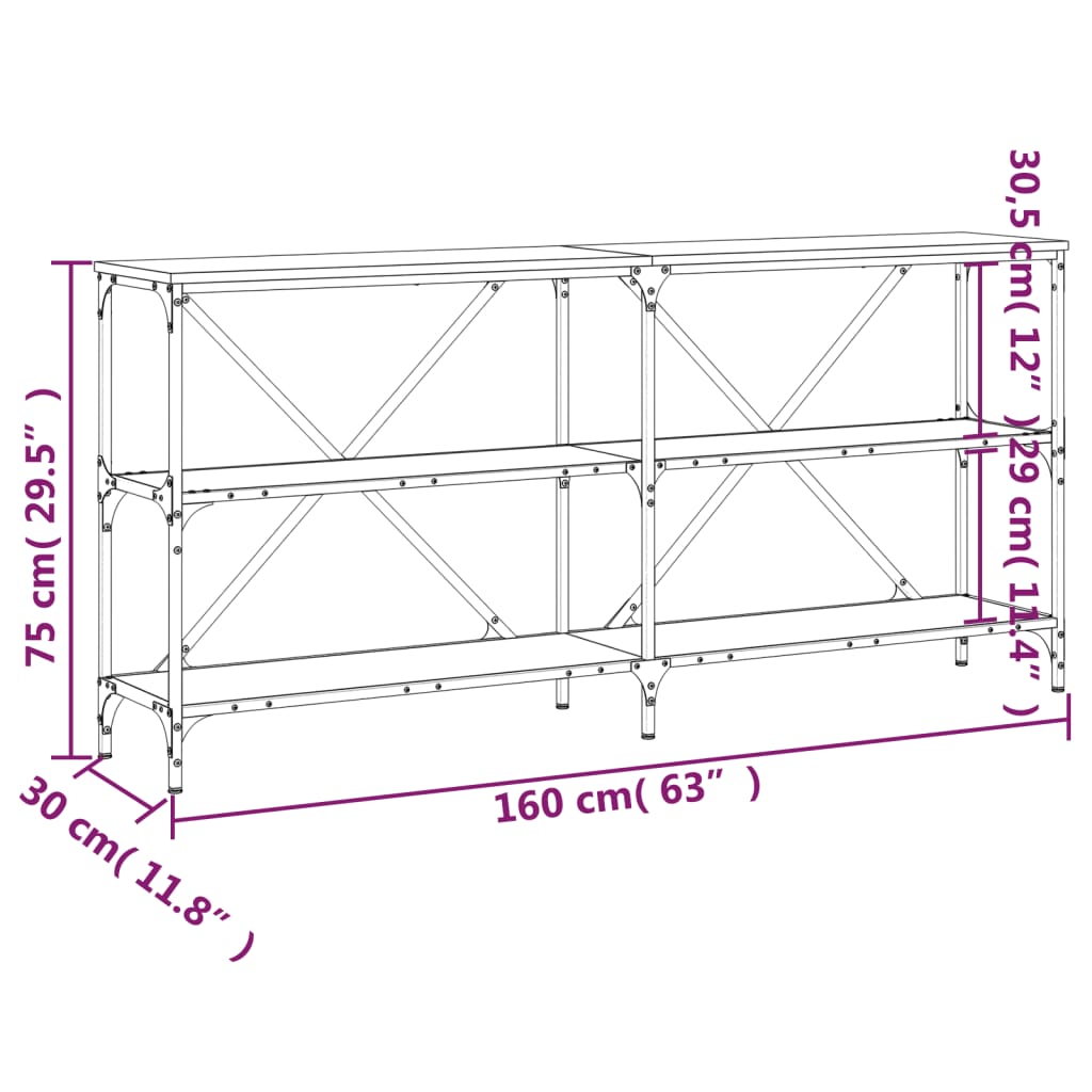 Tavolino Grigio Sonoma 160x30x75cm in Legno Multistrato e Ferro