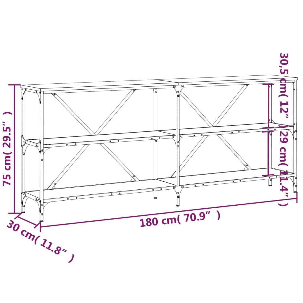 Tavolino Consolle Nero 180x30x75 cm Legno Multistrato e Ferro