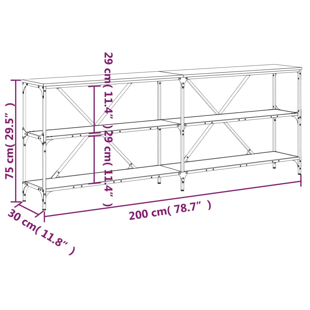 Tavolino Grigio Sonoma 200x30x75cm in Legno Multistrato e Ferro