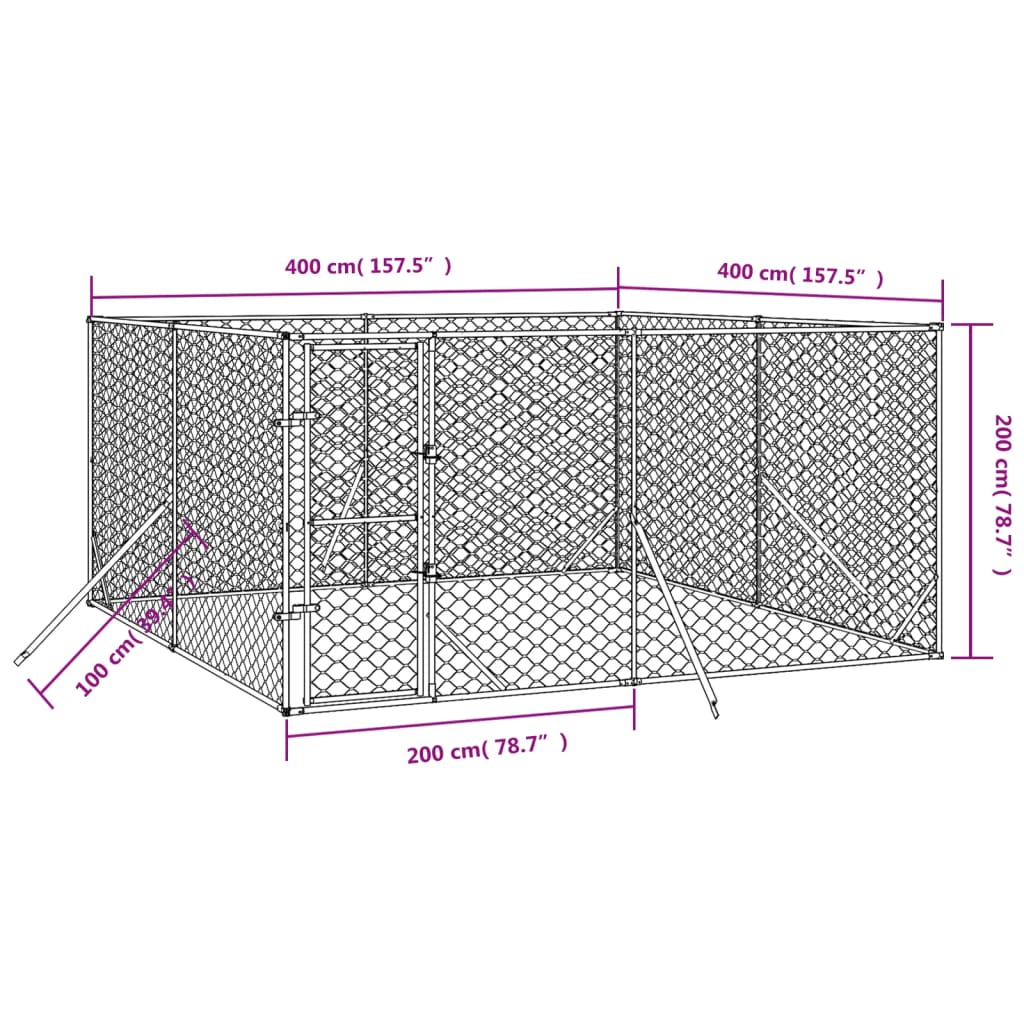 Cuccia per Cani da Esterno Argento 4x4x2 m in Acciaio Zincato