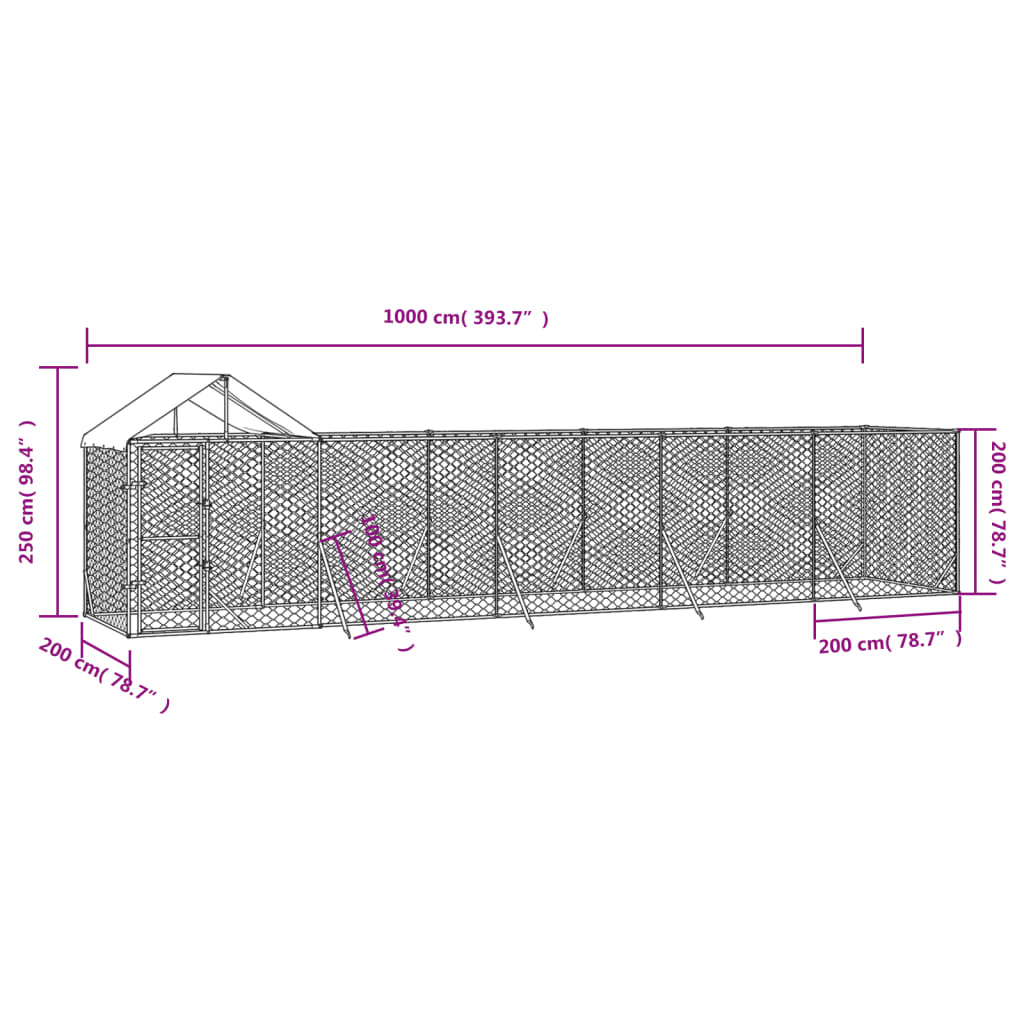 Cuccia Cani da Esterno Tetto Argento 10x2x2,5 m Acciaio Zincato