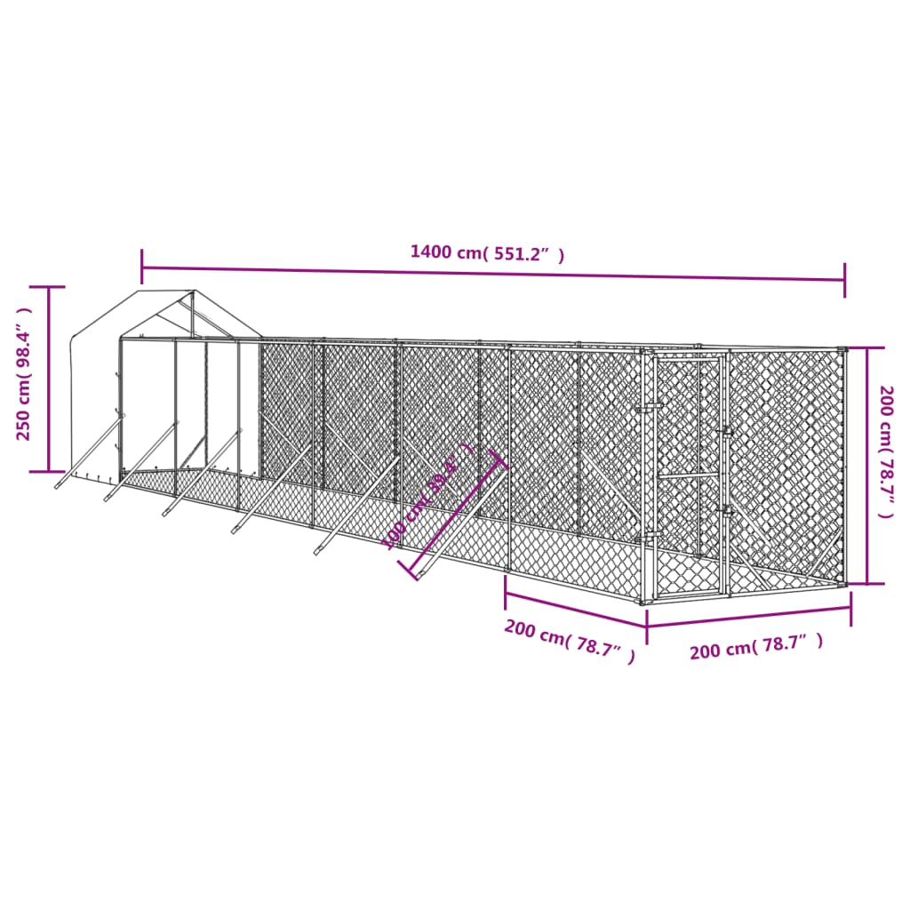 Cuccia Cani da Esterno Tetto Argento 2x14x2,5 m Acciaio Zincato