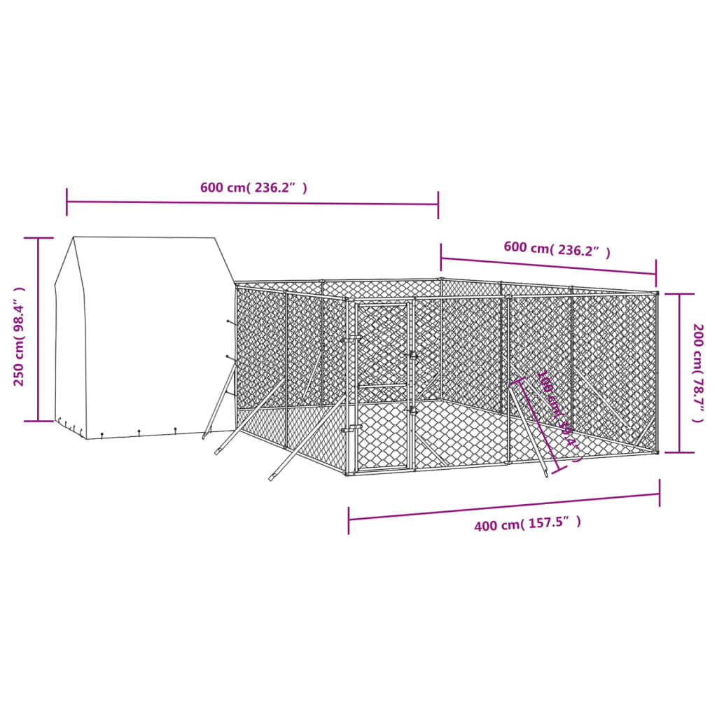 Cuccia Cani da Esterno Tetto Argento 6x6x2,5 m Acciaio Zincato