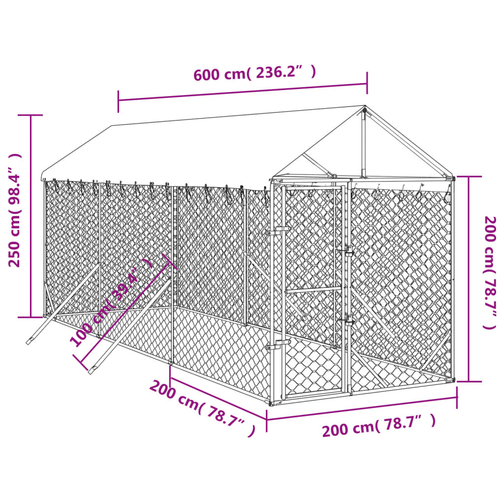 Cuccia Cani da Esterno Tetto Argento 2x6x2,5 m Acciaio Zincato