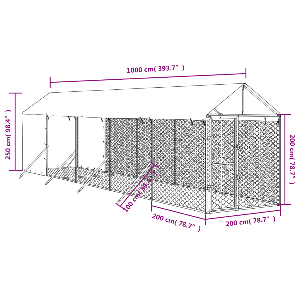 Cuccia Cani da Esterno Tetto Argento 2x10x2,5 m Acciaio Zincato