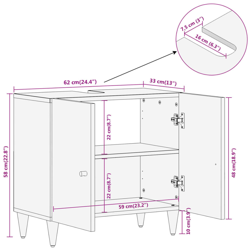 Mobile Lavabo da Bagno 62x33x58cm in Legno Massello di Mango