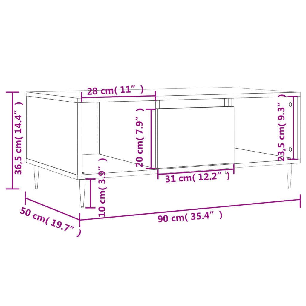 Tavolino Salotto Bianco Lucido 90x50x36,5 cm Legno Multistrato