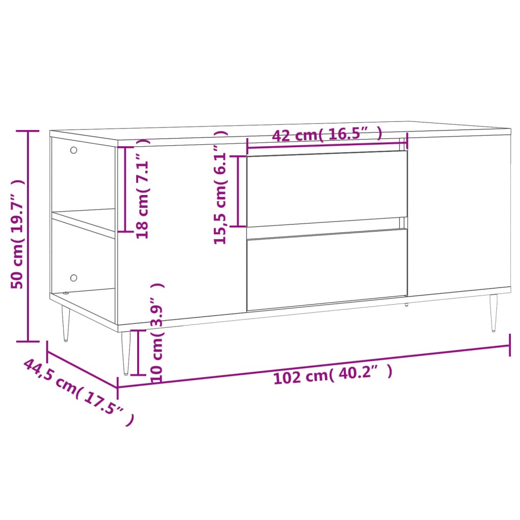 Tavolino Salotto Grigio Cemento 102x44,5x50cm Legno Multistrato