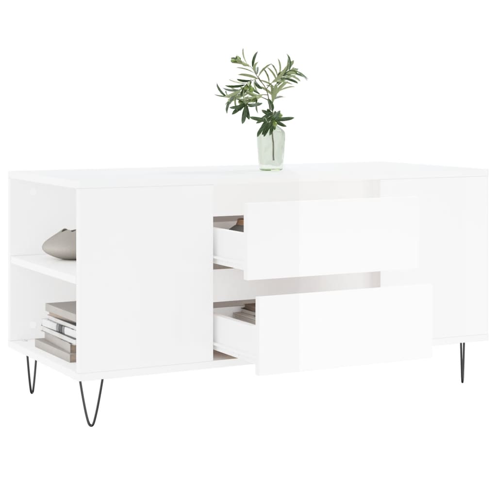 Tavolino Salotto Bianco Lucido 102x44,5x50 cm Legno Multistrato