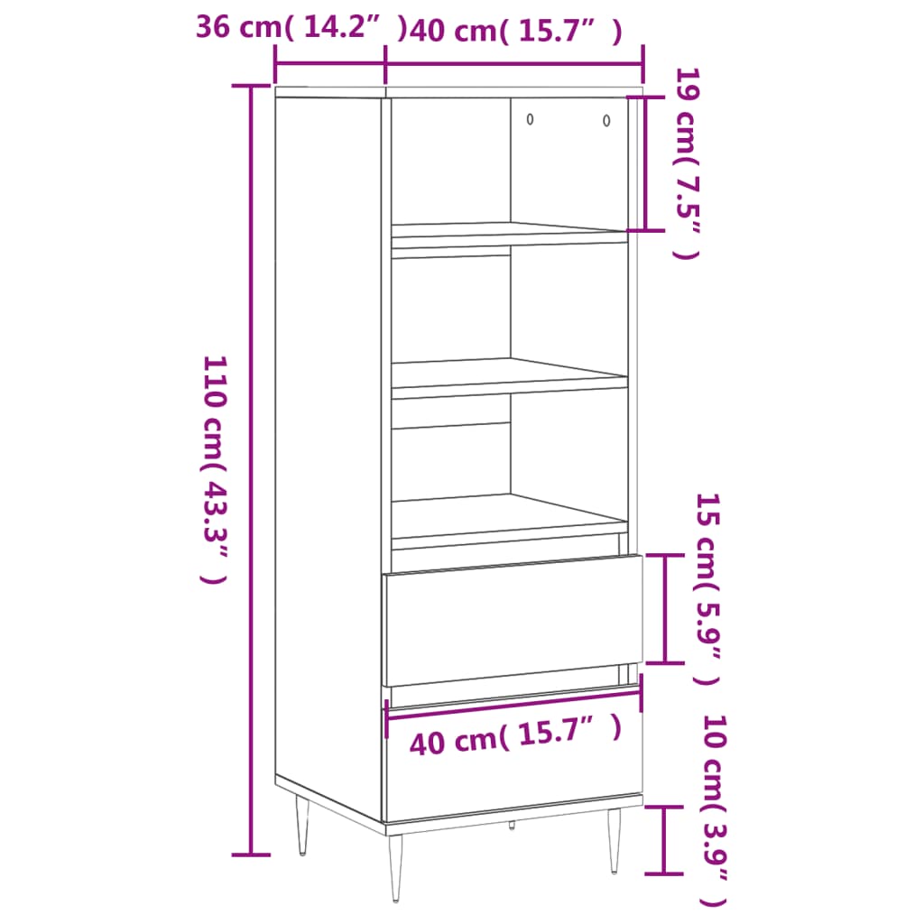 Credenza Bianco Lucido 40x36x110 cm in Legno Multistrato