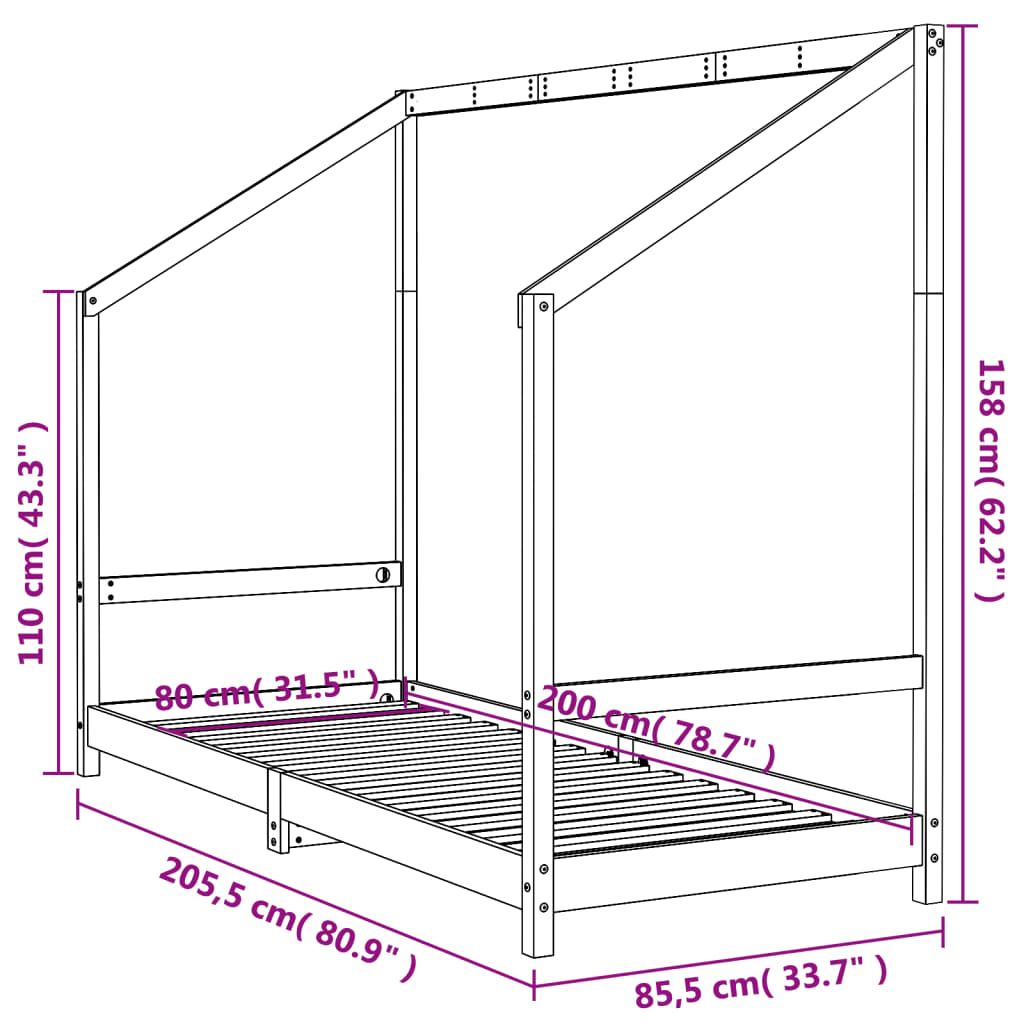 Giroletto per Bambini Nero 80x200 cm in Legno Massello di Pino