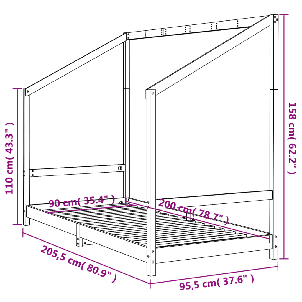 Giroletto per Bambini Bianco 90x200cm in Legno Massello di Pino