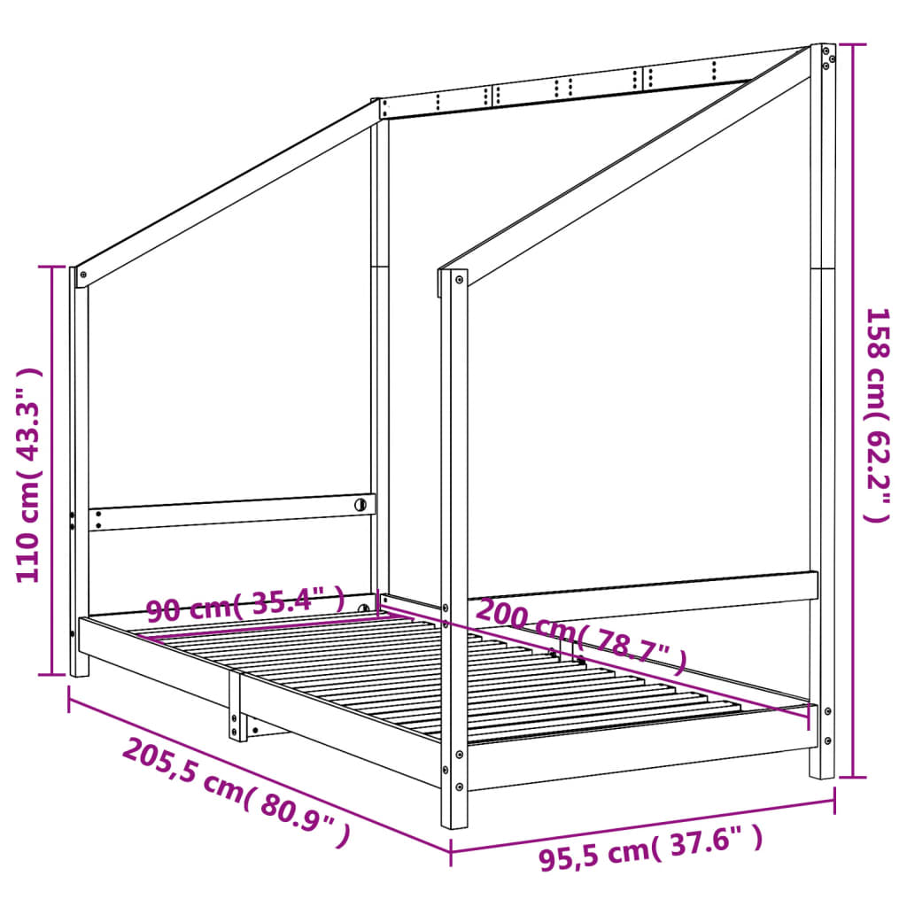 Giroletto per Bambini Nero 90x200 cm in Legno Massello di Pino