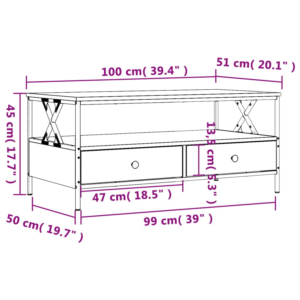 Tavolino da Salotto Rovere Fumo 100x51x45 cm Legno Multistrato