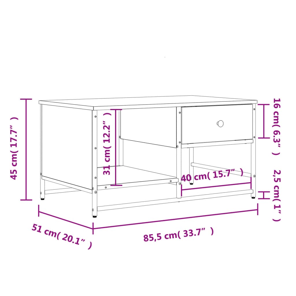 Tavolino Salotto Rovere Marrone 85,5x51x45 cm Legno Multistrato