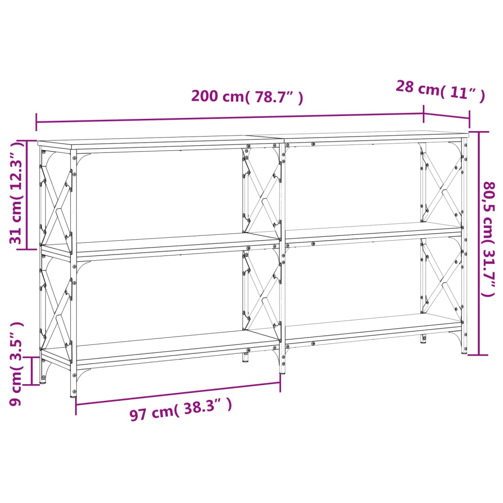 Tavolino Consolle Nero 200x28x80,5 cm in Legno Multistrato