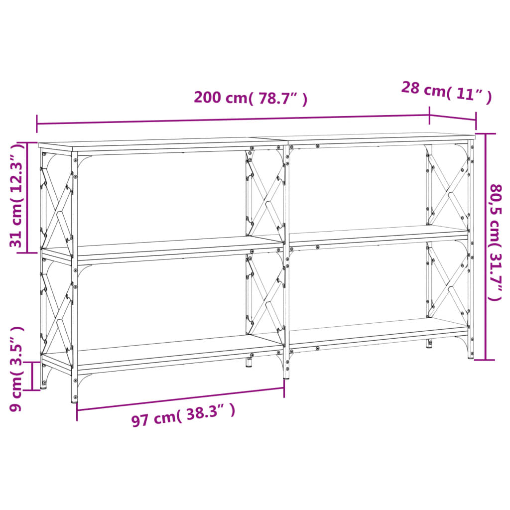 Tavolo Consolle Rovere Fumo 200x28x80,5 cm in Legno Multistrato