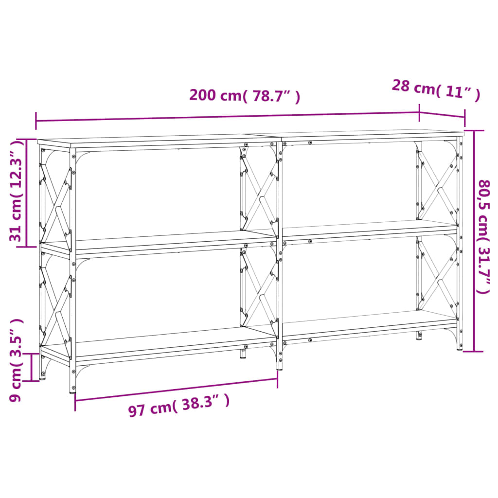 Tavolo Consolle Grigio Sonoma 200x28x80,5 cm Legno Multistrato