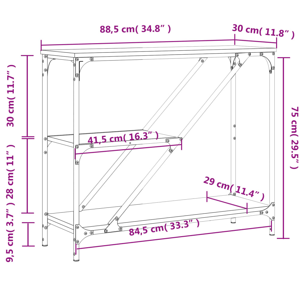 Tavolino Consolle Rovere Fumo 88,5x30x75cm in Legno Multistrato