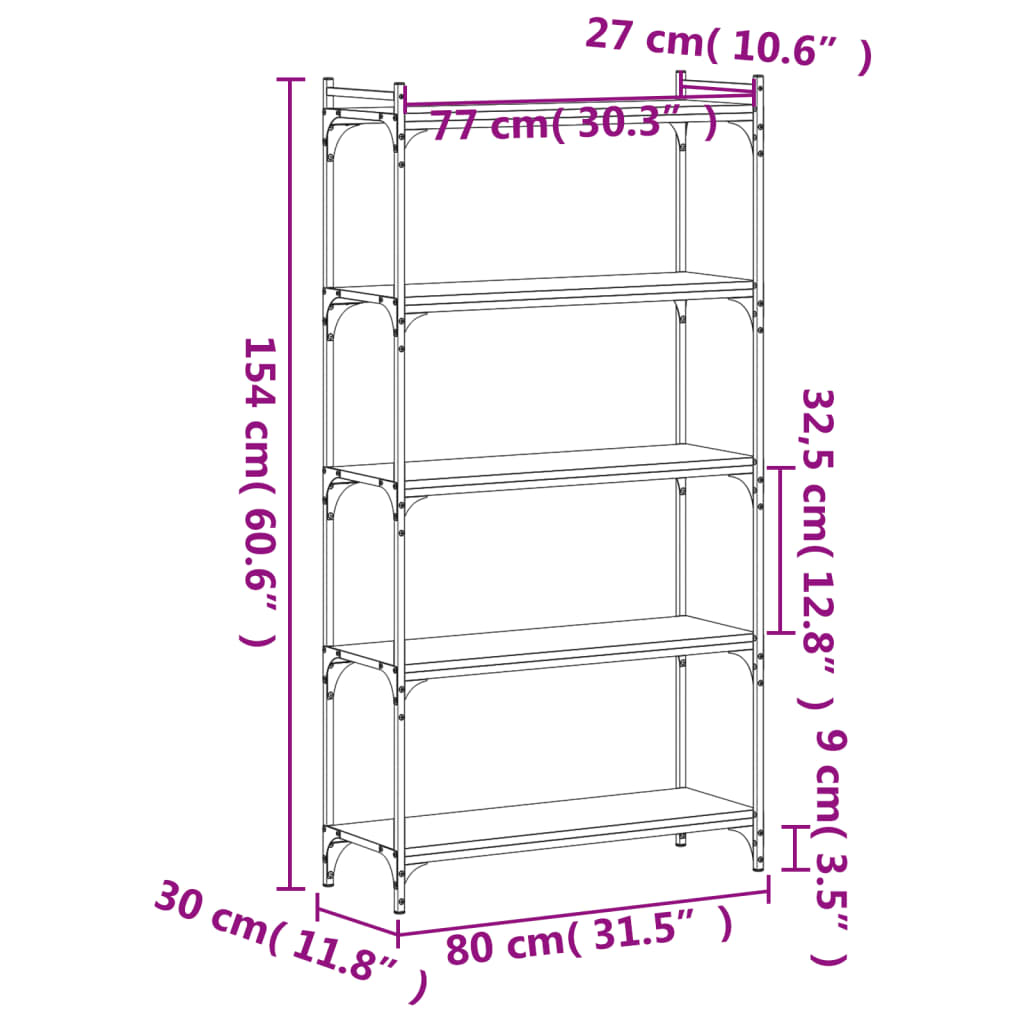 Libreria a 5 Ripiani Rovere Fumo 80x30x154 cm Legno Multistrato