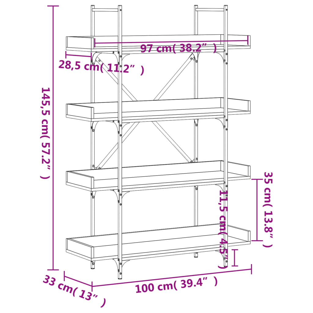 Libreria 4 Ripiani Rovere Fumo 100x33x145,5cm Legno Multistrato
