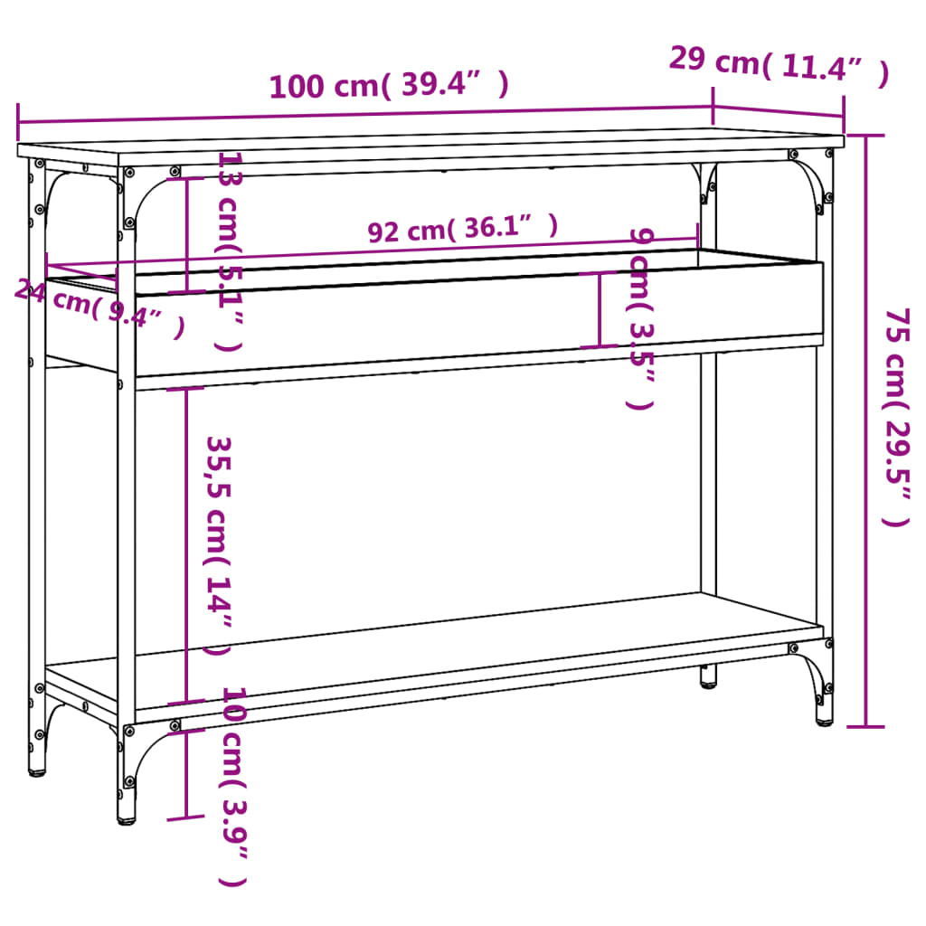 Tavolo Consolle con Ripiano Nero 100x29x75cm Legno Multistrato