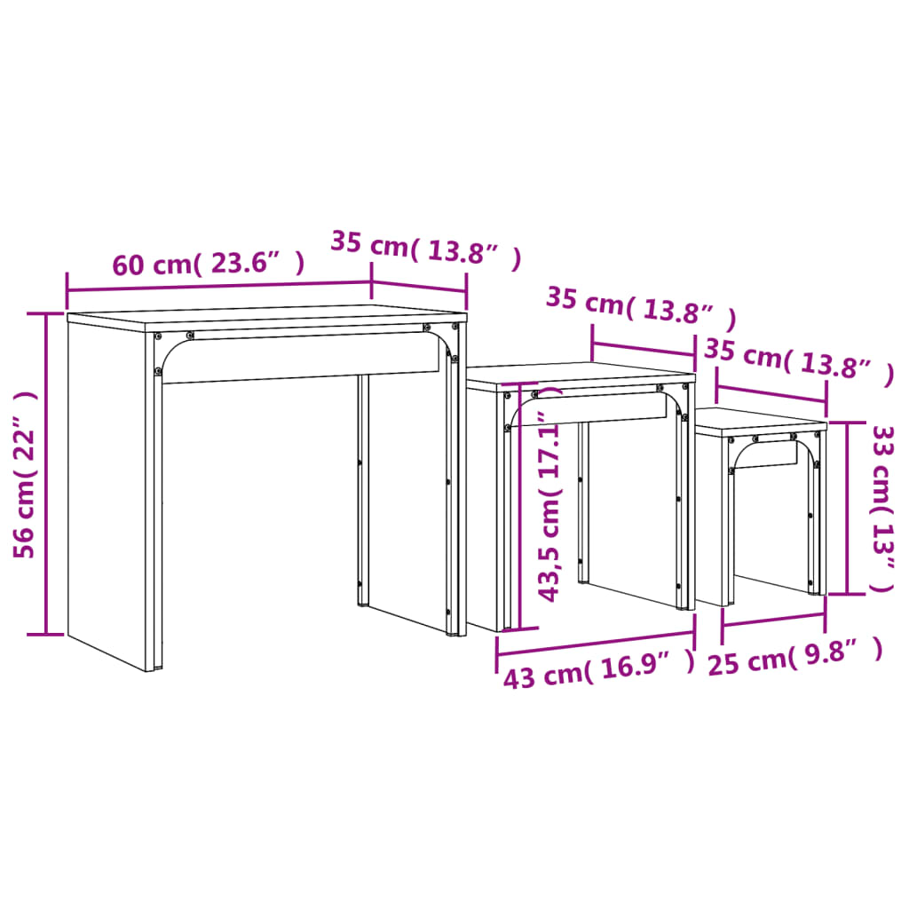 Tavolini Impilabili 3 pz Rovere Sonoma in Legno Multistrato