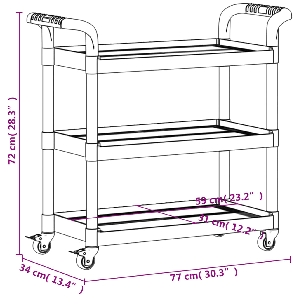 Carrello a 3 Ripiani Nero 77x34x72 cm in Alluminio