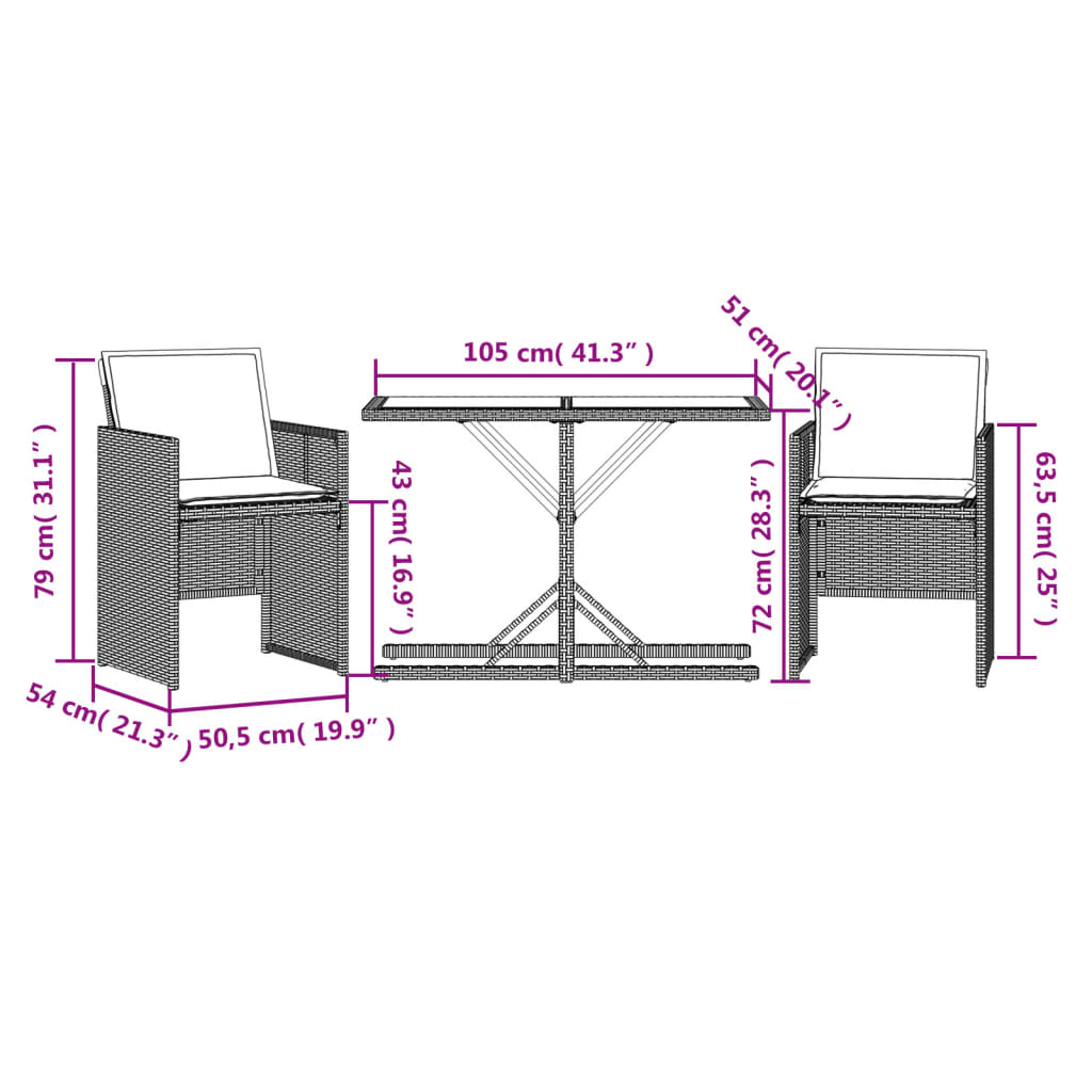 Set Bistrò 3 pz con Cuscini Marrone in Polyrattan