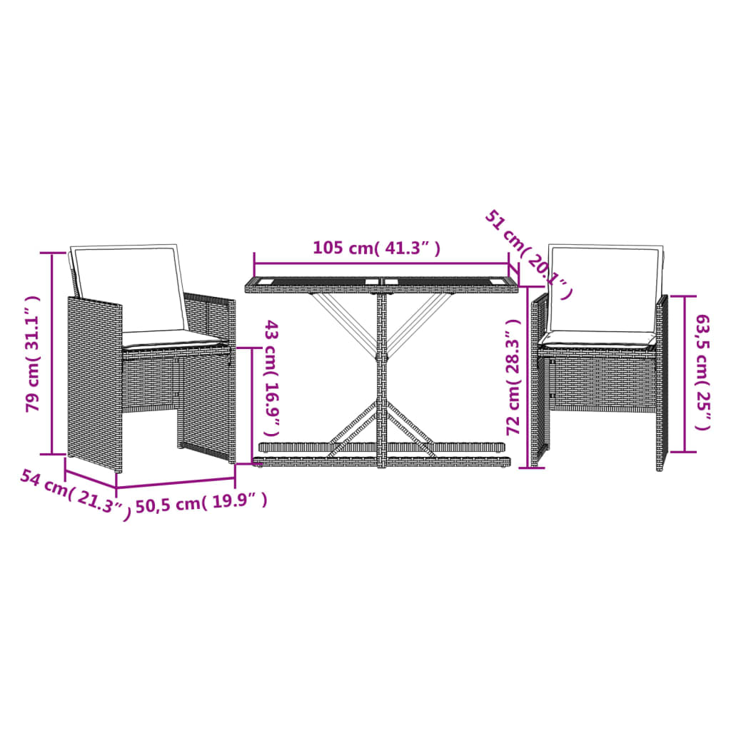 Set da Bistrò 3 pz con Cuscini Grigio in Polyrattan