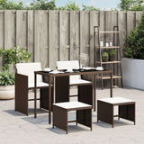 Set da Pranzo da Giardino 5pz con Cuscini in Polyrattan Marrone