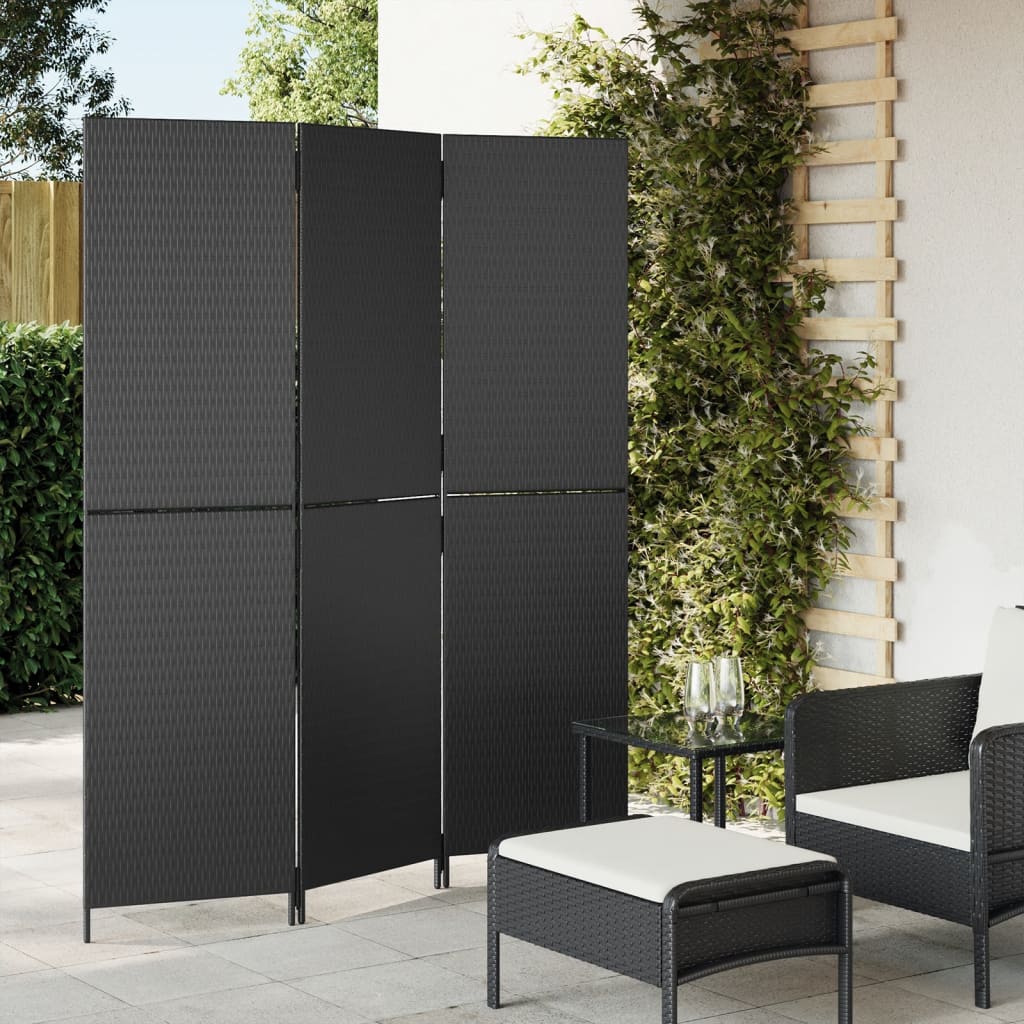 Divisorio per Ambienti a 3 Pannelli Nero in Polyrattan