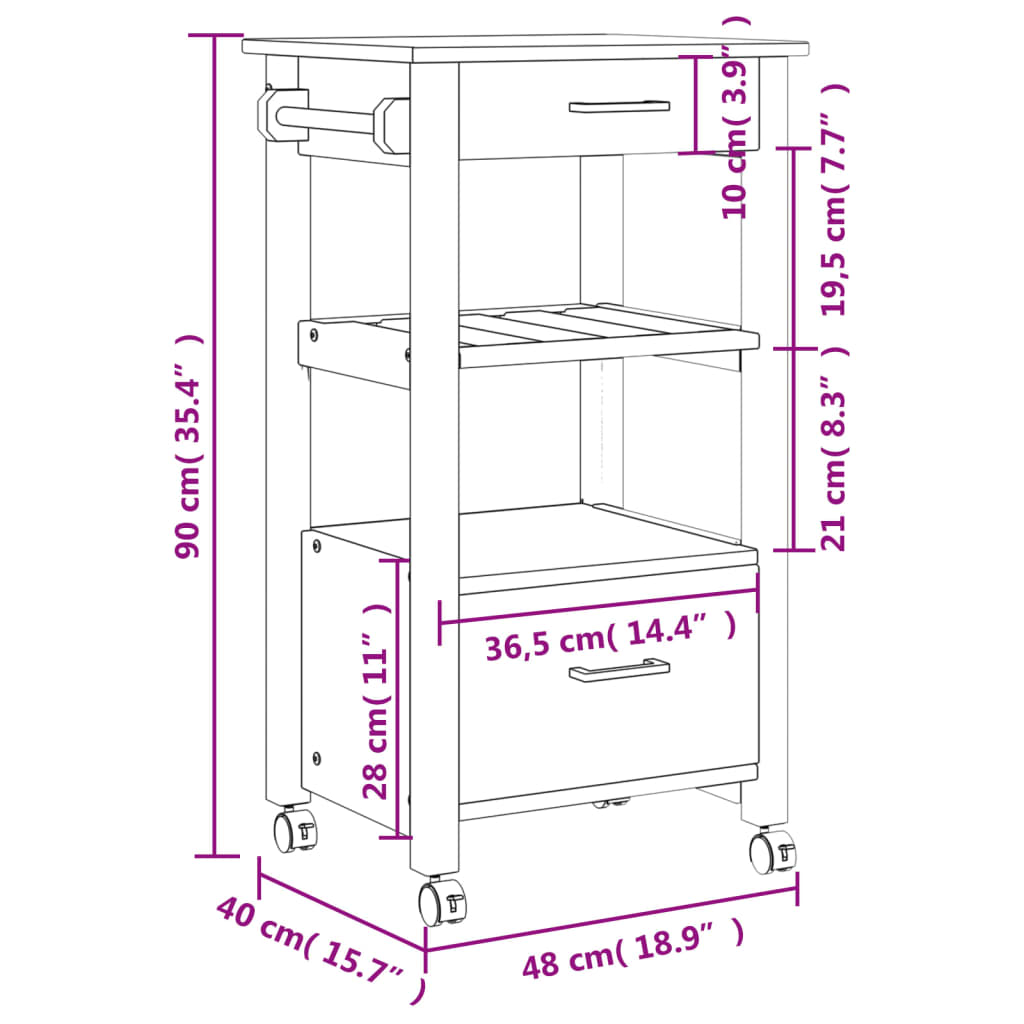 Carrello da Cucina MONZA 48x40x90 cm in Legno Massello di Pino