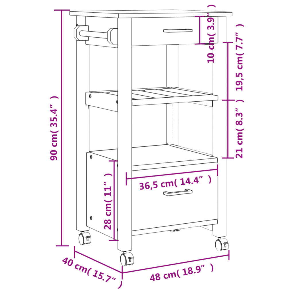 Carrello da Cucina MONZA 48x40x90 cm in Legno Massello di Pino