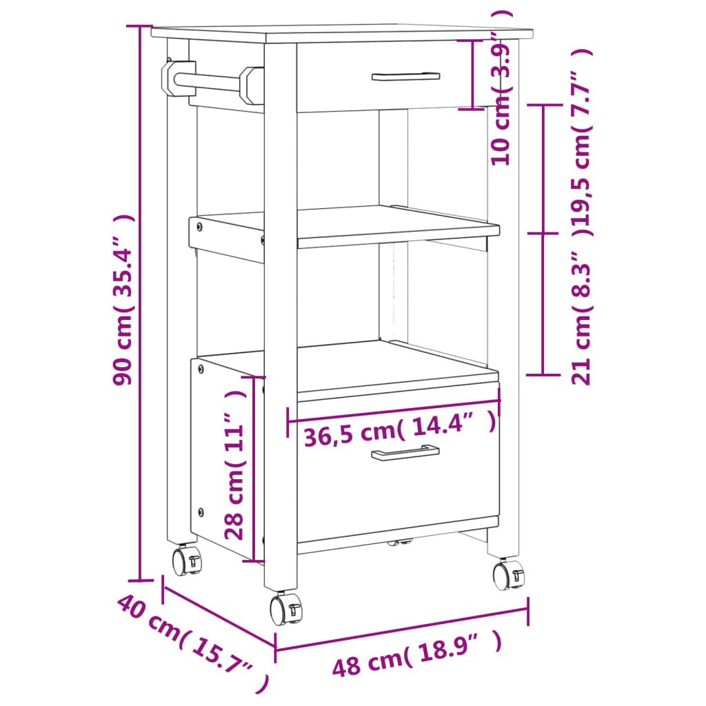 Carrello da Cucina MONZA 48x40x90 cm in Legno Massello di Pino