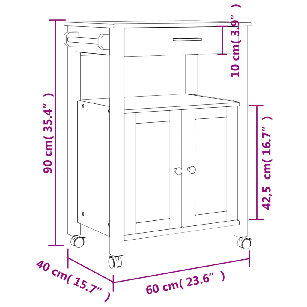 Carrello da Cucina MONZA 60x40x90 cm in Legno Massello di Pino