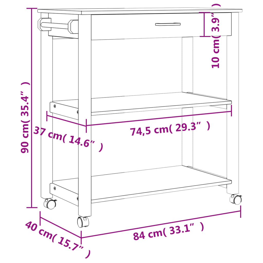 Carrello da Cucina MONZA 84x40x90 cm in Legno Massello di Pino