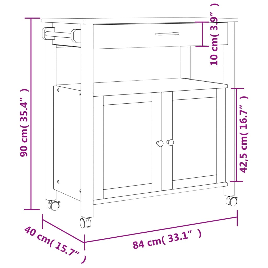 Carrello da Cucina MONZA 84x40x90 cm in Legno Massello di Pino