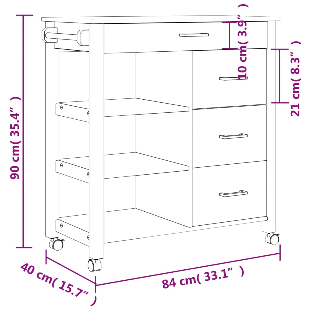 Carrello da Cucina MONZA 84x40x90 cm in Legno Massello di Pino