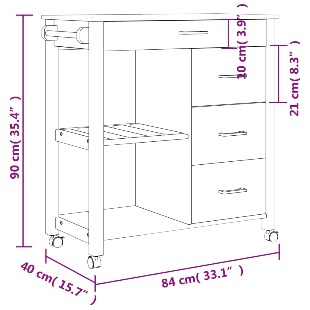 Carrello da Cucina MONZA 84x40x90 cm in Legno Massello di Pino