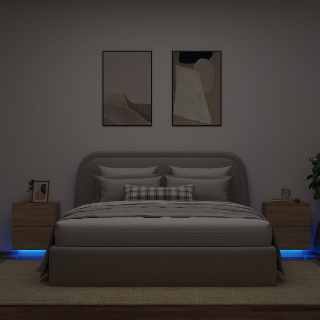 Comodini con Luci LED 2pz Rovere Sonoma in Legno Multistrato