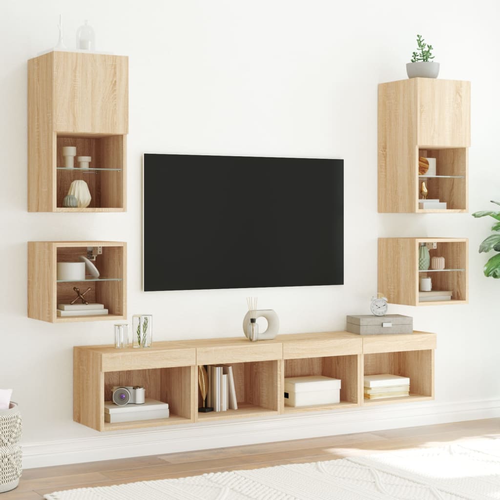 Mobili TV a Parete con Luci LED 2pz Rovere Sonoma 30x28,5x30 cm