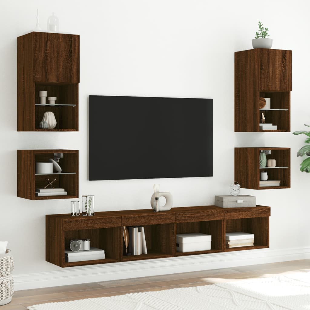 Mobile TV a Parete con Luci LED Rovere Marrone 30x28,5x30 cm