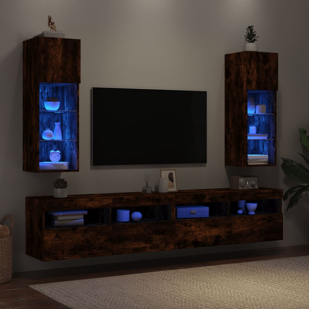 Mobili Porta TV con Luci LED 2 pz Rovere Fumo 30,5x30x90 cm