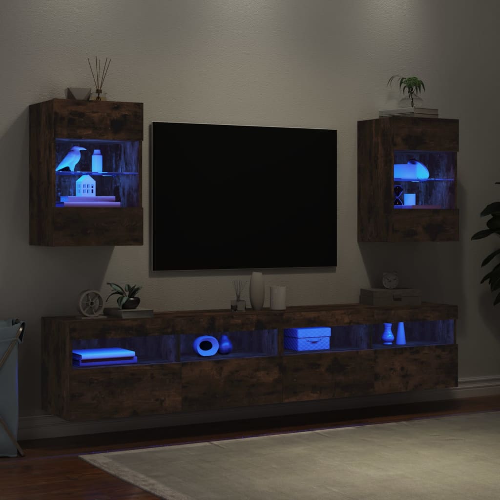 Mobili TV a Parete con Luci LED 2pz Rovere Fumo 40x30x60,5 cm