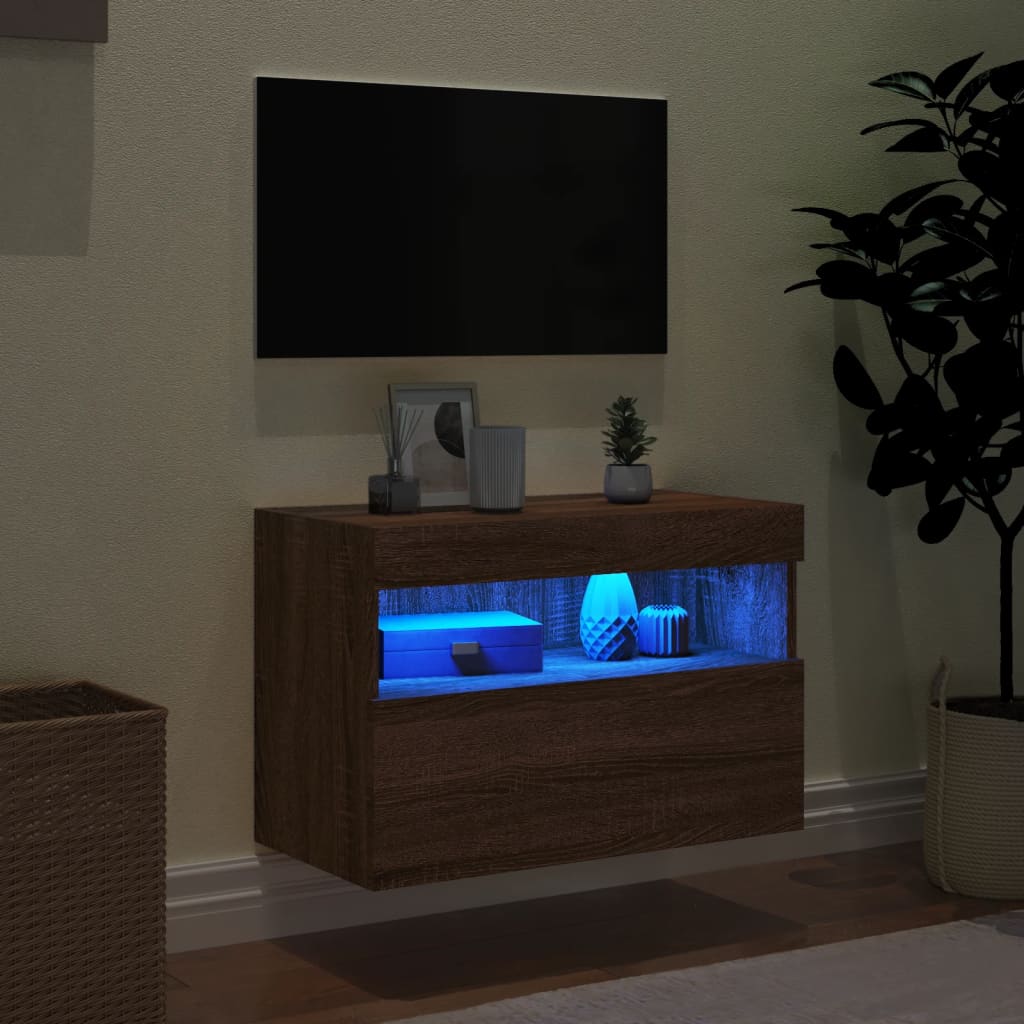 Mobile TV a Parete con Luci LED Rovere Marrone 60x30x40 cm